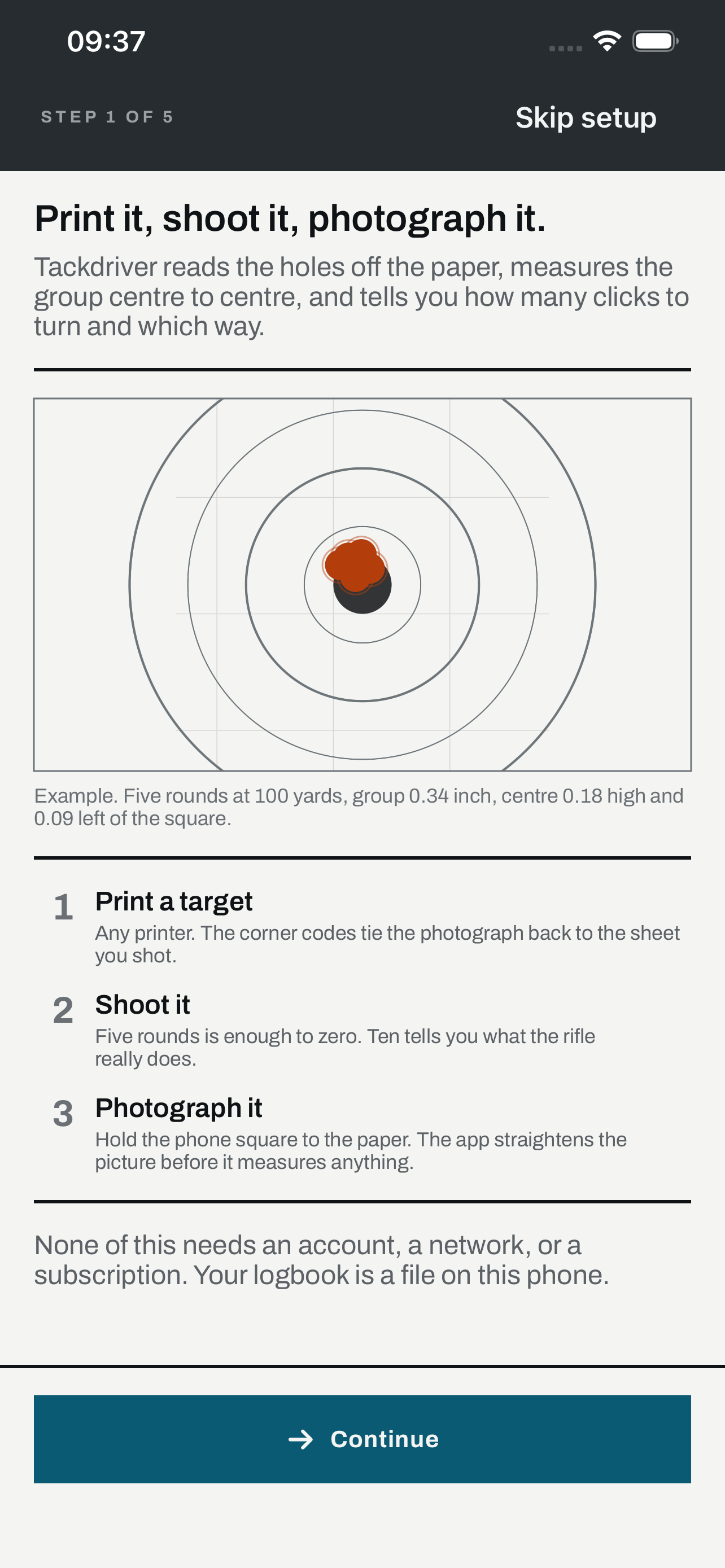 Tackdriver showing a measured five-shot group on iPhone