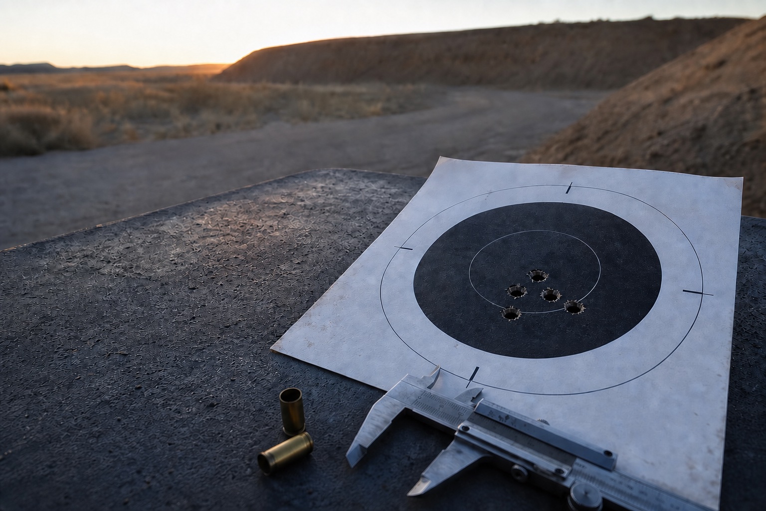 Five-shot paper target with caliper and spent brass on a range bench at dawn